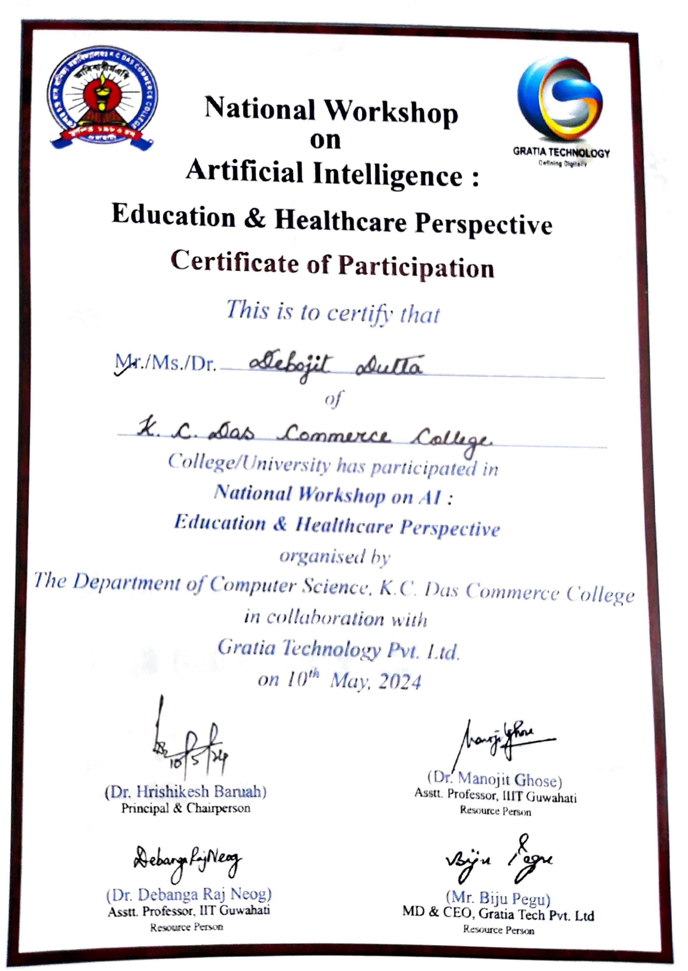 National Workshop on AI certificate