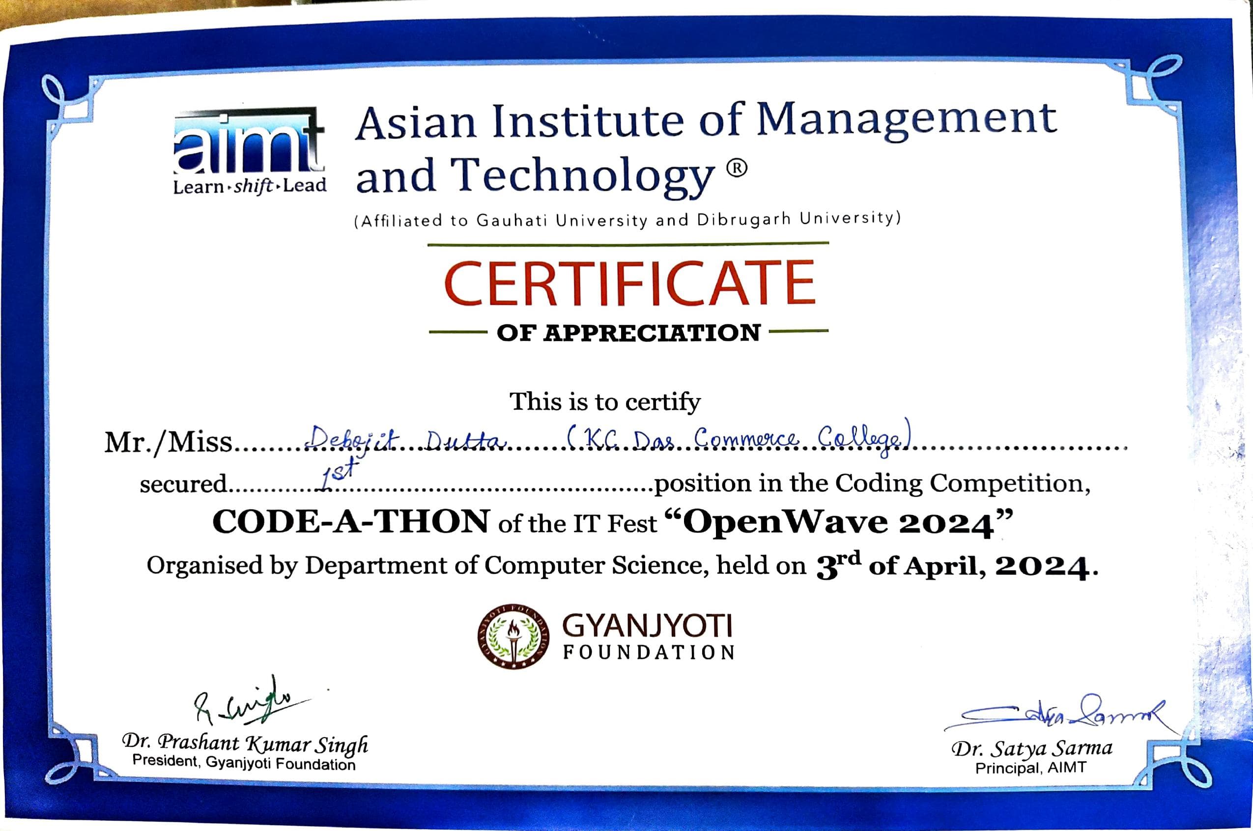 1st in coding competition at AIMT certificate