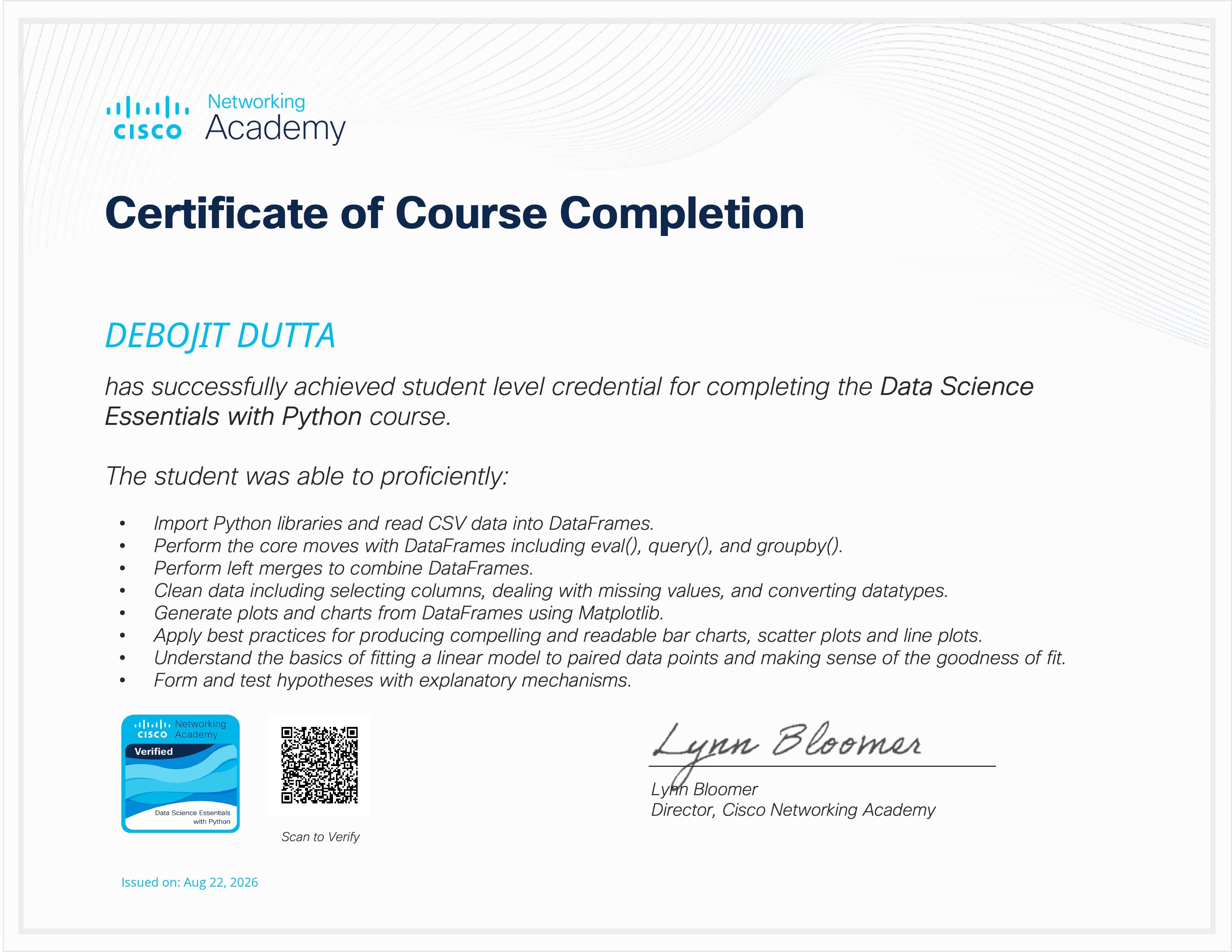 CISCO Data Science with Python certificate