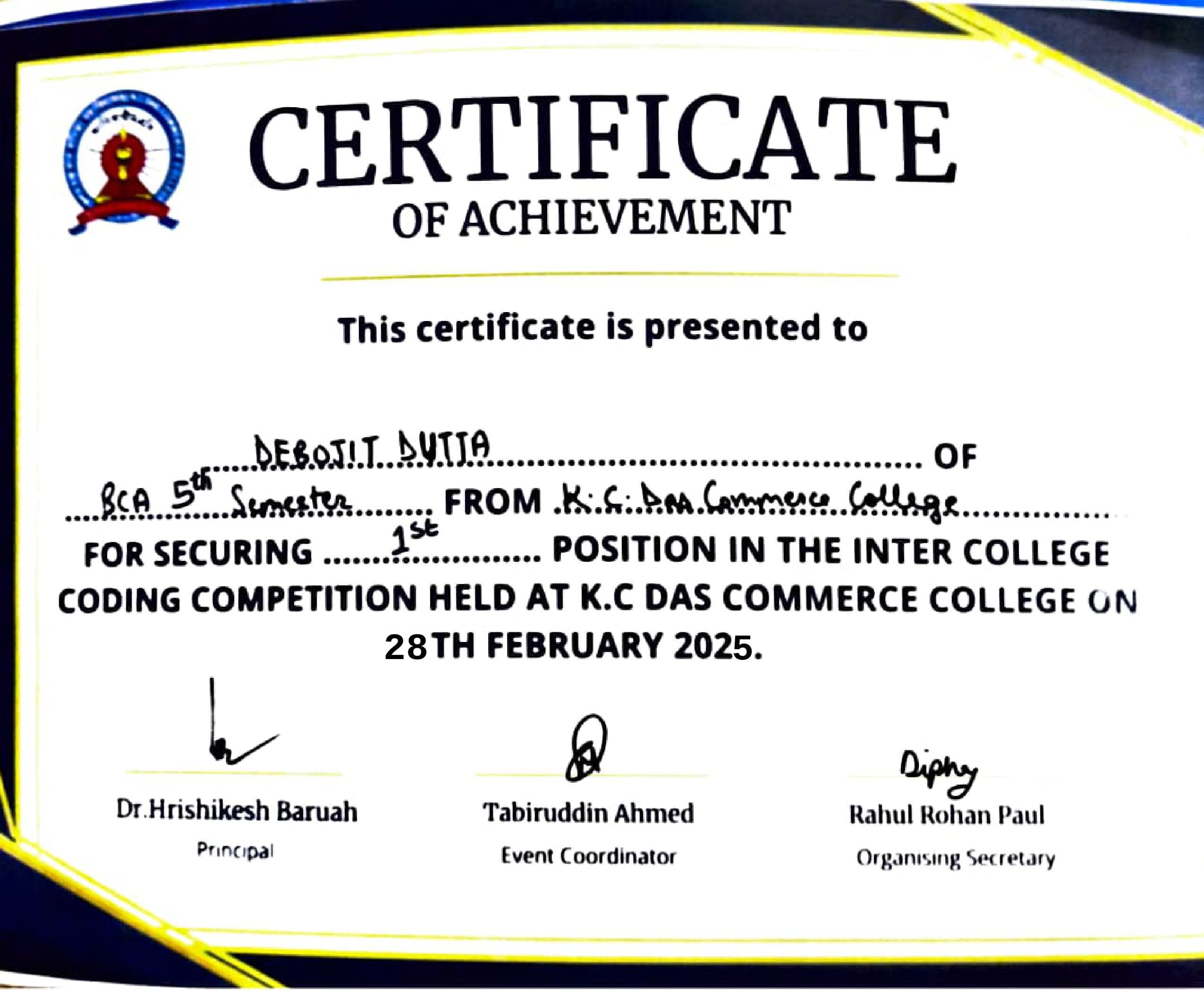 1st KCDCC Coding Competition certificate